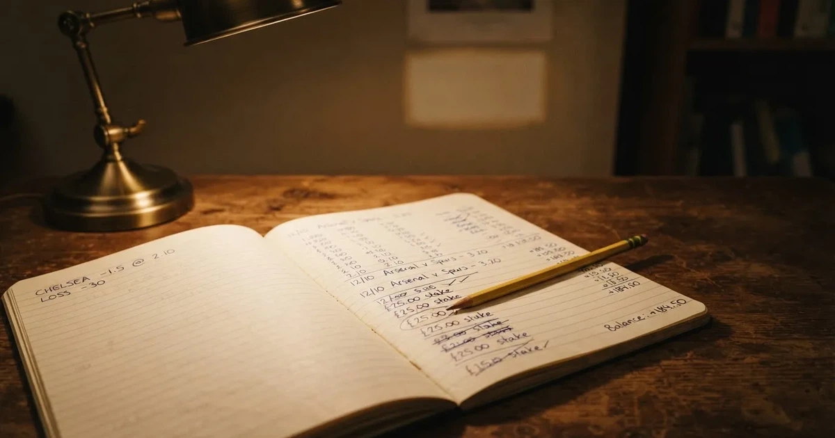Ein aufgeschlagenes Notizbuch mit handschriftlichen Notizen und ein Bleistift liegen auf einem Schreibtisch im Licht einer Lampe.