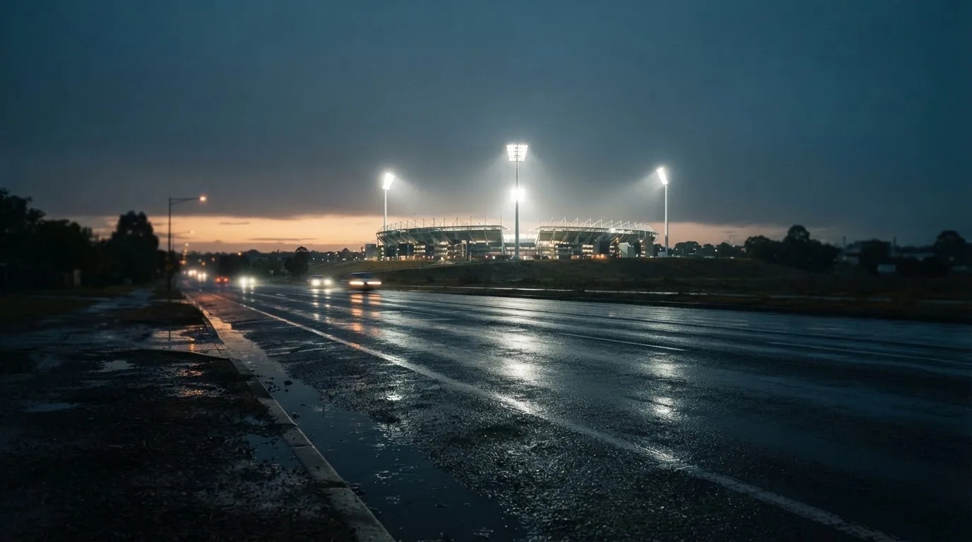Ein Stadion unter Flutlicht aus großer Entfernung gesehen, davor eine regennasse Straße in der Dämmerung.