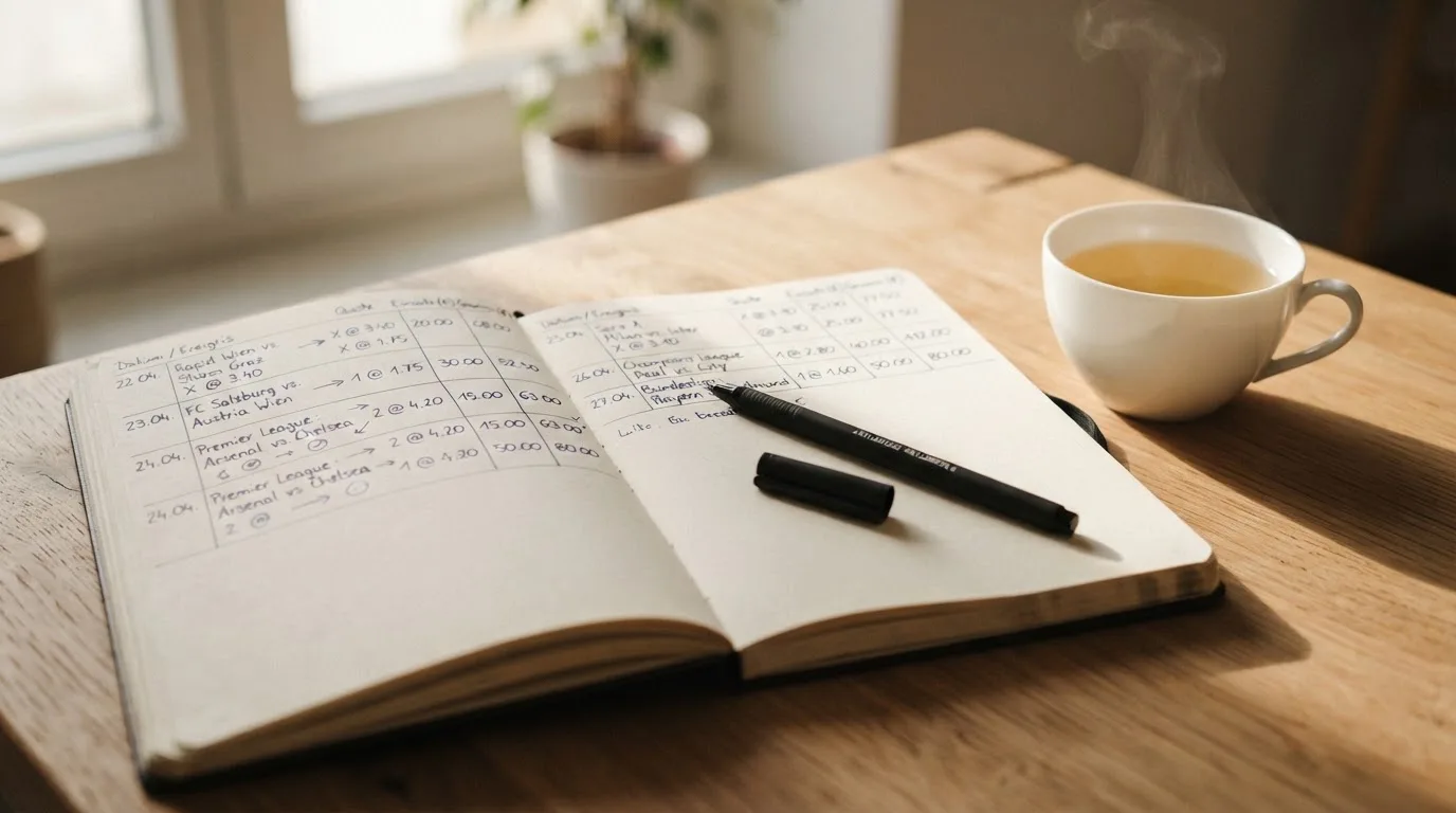 Ein aufgeschlagenes Notizbuch mit handgeschriebenen Notizen und ein Kugelschreiber liegen auf einem Schreibtisch neben einer Tasse Tee.