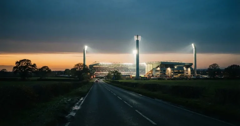 Ein Stadion unter Flutlicht aus großer Entfernung gesehen, davor eine dunkle Landstraße und einzelne Bäume in der Abenddämmerung.