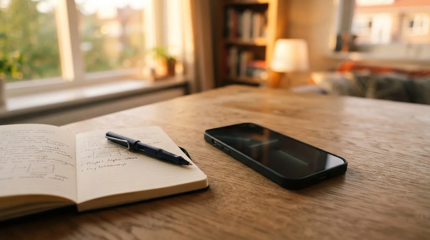 Ein Smartphone mit dunklem Display liegt auf einem Holztisch neben einem Notizbuch, durch das Fenster fällt Abendlicht.