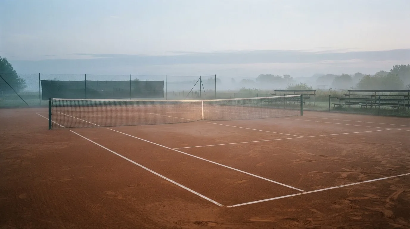 Ein Tennisplatz im Morgengrauen mit Netz und Linien, über dem Sandboden liegt leichter Nebel und niemand ist zu sehen.