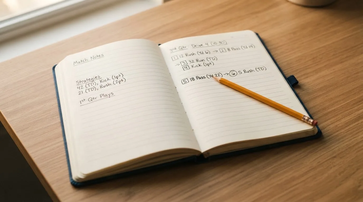 Ein Notizbuch mit handschriftlichen Skizzen und Zahlenreihen liegt aufgeschlagen auf einem Schreibtisch, daneben ein Bleistift.