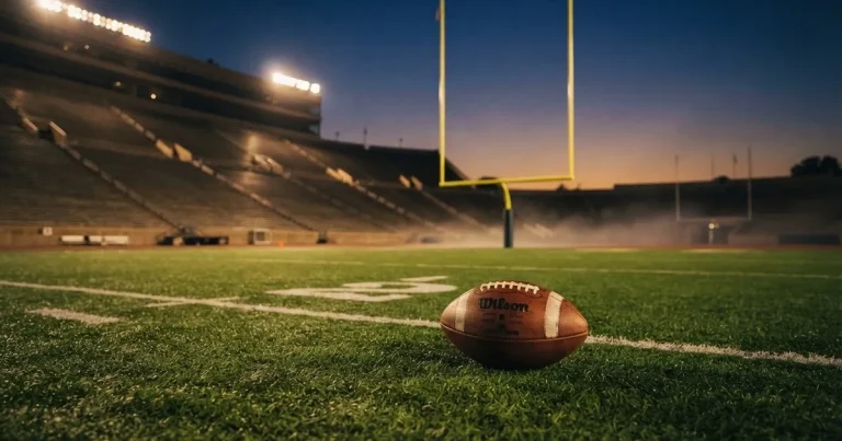 Ein ovaler Football liegt auf dem Rasen vor den gelben Torstangen eines leeren Stadions in der Abenddämmerung.