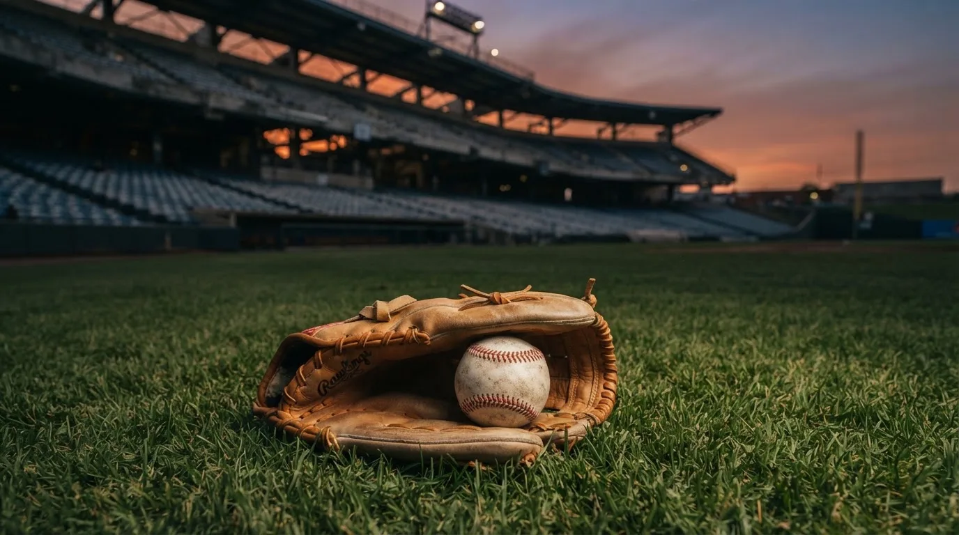 Ein Baseball liegt auf dem Rasen neben einem Lederhandschuh ohne Aufschrift, im Hintergrund eine leere Tribüne im Abendlicht.