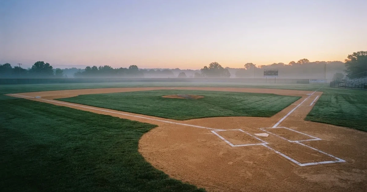 Ein leeres Baseballfeld mit Sandfläche, Basen und weißen Linien in der Morgendämmerung, über dem Rasen liegt leichter Nebel.