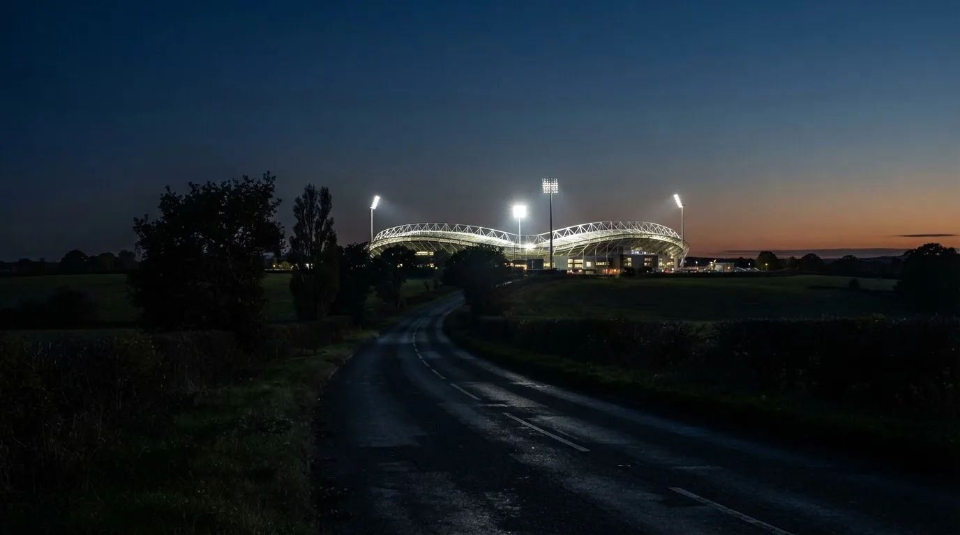 Ein Stadion unter Flutlicht aus großer Entfernung gesehen, davor eine dunkle Landstraße und einzelne Bäume in der Dämmerung.