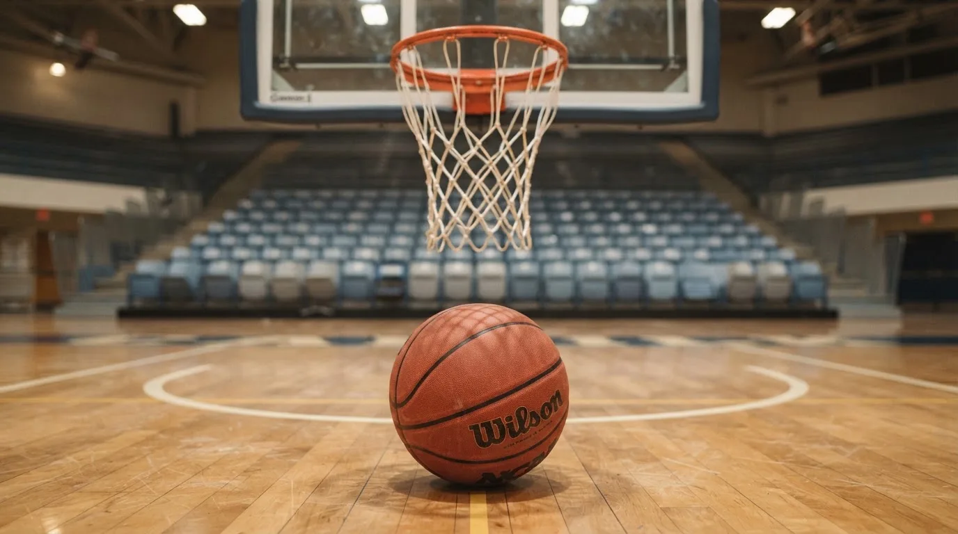 Ein orangefarbener Basketball liegt auf einem Hallenboden unter dem Netz eines Korbs, im Hintergrund unscharf leere Sitzreihen.