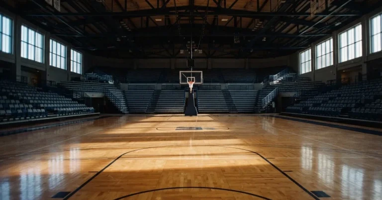 Ein leeres Basketballfeld in einer Halle mit glänzendem Parkett und einem Korb, durch hohe Fenster fällt Tageslicht.