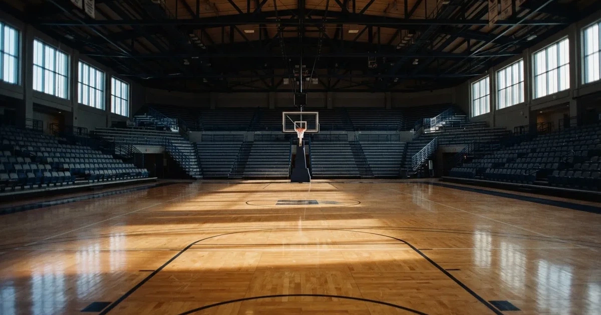 Ein leeres Basketballfeld in einer Halle mit glänzendem Parkett und einem Korb, durch hohe Fenster fällt Tageslicht.