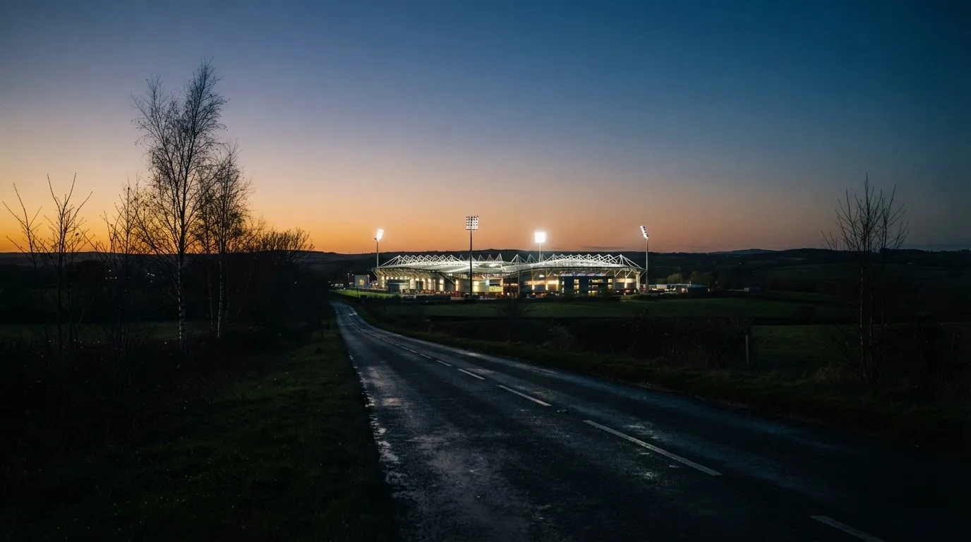 Ein Stadion unter Flutlicht aus großer Entfernung gesehen, davor eine dunkle Landstraße und einzelne Bäume in der Dämmerung.