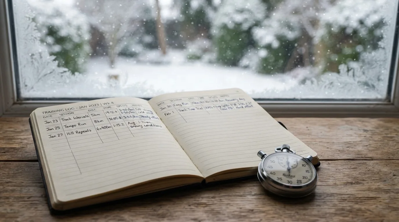 Ein Notizbuch mit handschriftlichen Zeiten liegt neben einer Stoppuhr auf einem Holztisch, draußen vor dem Fenster fällt Schnee.