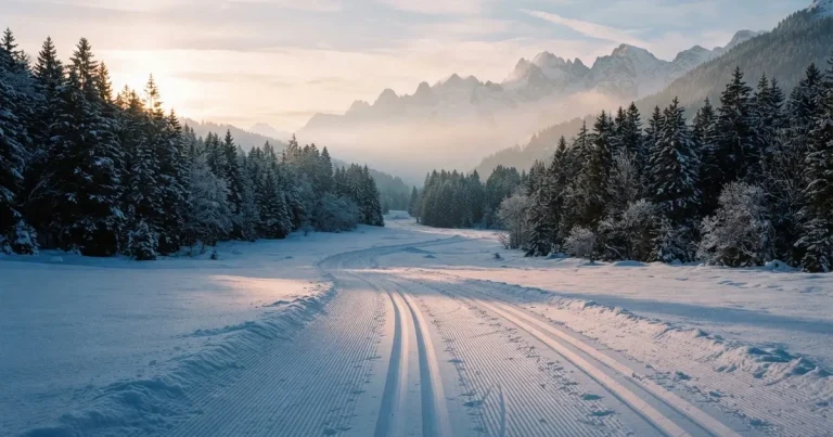 Eine verschneite Loipe im Morgenlicht mit gespurter Spur, im Hintergrund dunkler Nadelwald und eine Bergkette ohne Menschen.