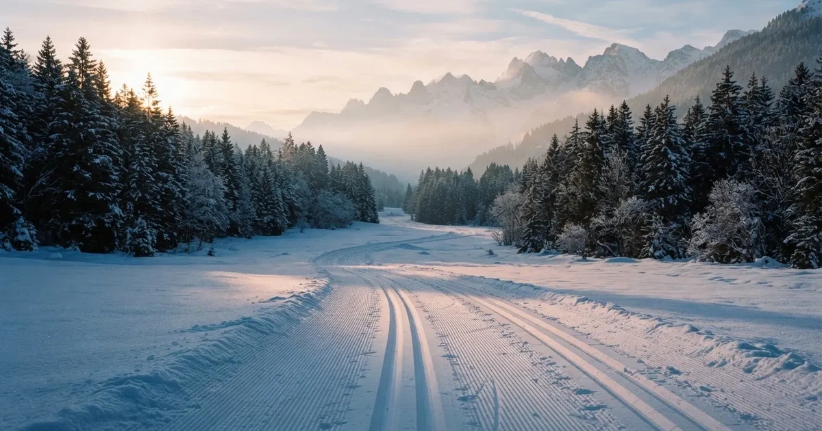 Eine verschneite Loipe im Morgenlicht mit gespurter Spur, im Hintergrund dunkler Nadelwald und eine Bergkette ohne Menschen.