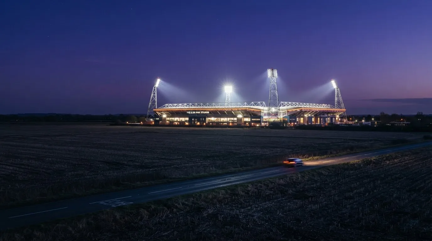 Ein Fußballstadion unter Flutlicht aus großer Entfernung gesehen, davor Felder und eine ruhige Straße in der Dämmerung.