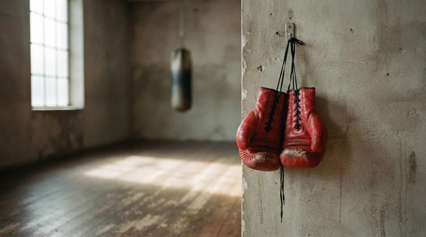 Ein Paar Boxhandschuhe hängt an einem Haken in einer leeren Trainingshalle, durch ein Fenster fällt Tageslicht auf den Boden.