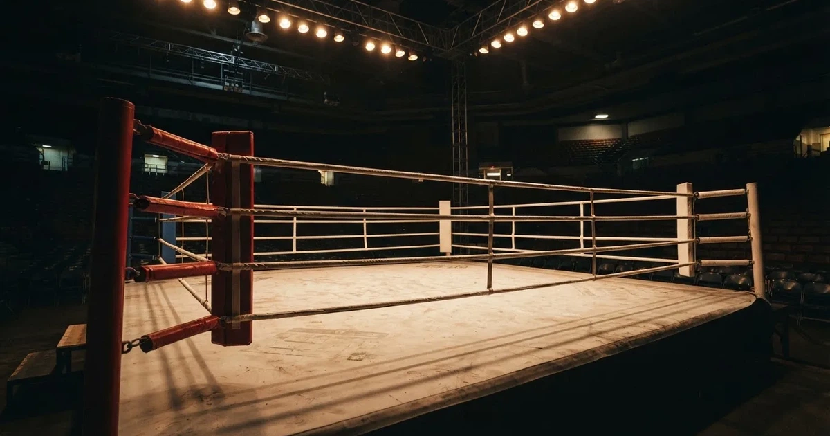 Ein leerer Boxring mit gespannten Seilen unter einer Hallenlampe, der Ringboden ist im Licht gut zu erkennen, niemand ist zu sehen.