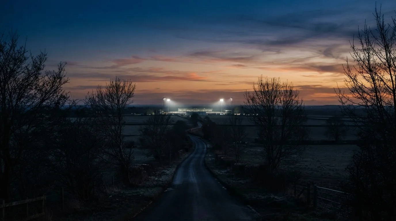 Ein Stadion unter Flutlicht aus großer Entfernung gesehen, davor eine dunkle Landstraße und einzelne Bäume in der Dämmerung.