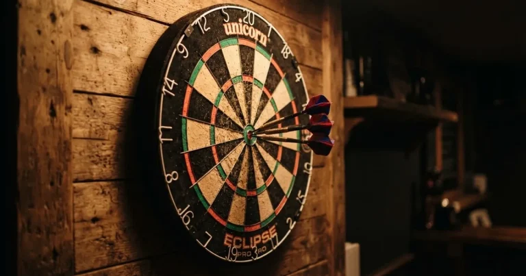 Eine Dartscheibe an einer Holzwand in einem schwach beleuchteten Raum, drei Pfeile stecken nahe der Mitte, warmes Licht von der Seite.