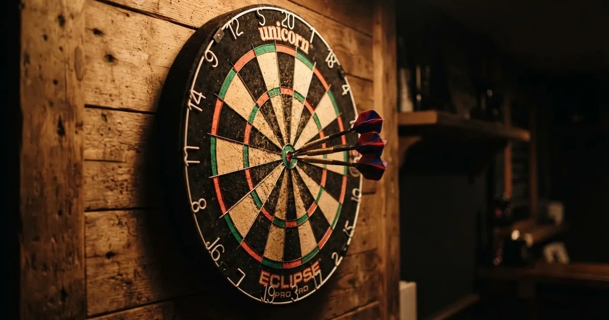 Eine Dartscheibe an einer Holzwand in einem schwach beleuchteten Raum, drei Pfeile stecken nahe der Mitte, warmes Licht von der Seite.