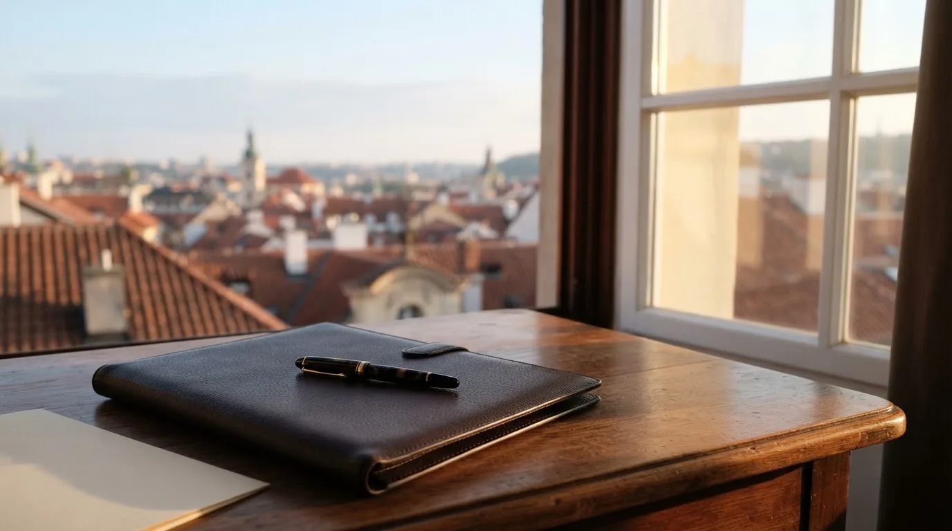 Ein leerer Schreibtisch mit Füllfeder und geschlossenem Ordner im Morgenlicht, daneben ein Fenster mit Blick auf Dächer.
