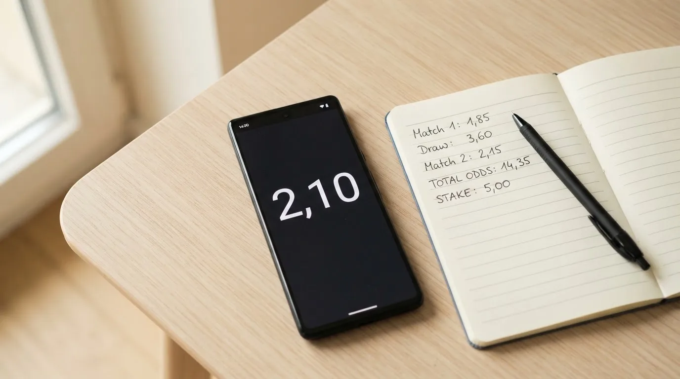 Ein Smartphone mit dunklem Display liegt auf einem Holztisch neben einem Notizblock und einem Stift, Tageslicht von links.
