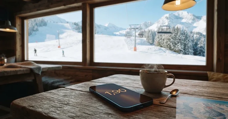 Ein verschneiter Skihang im Winterlicht mit einer leeren Liftspur, im Hintergrund Nadelwald und klarer Himmel, keine Personen.