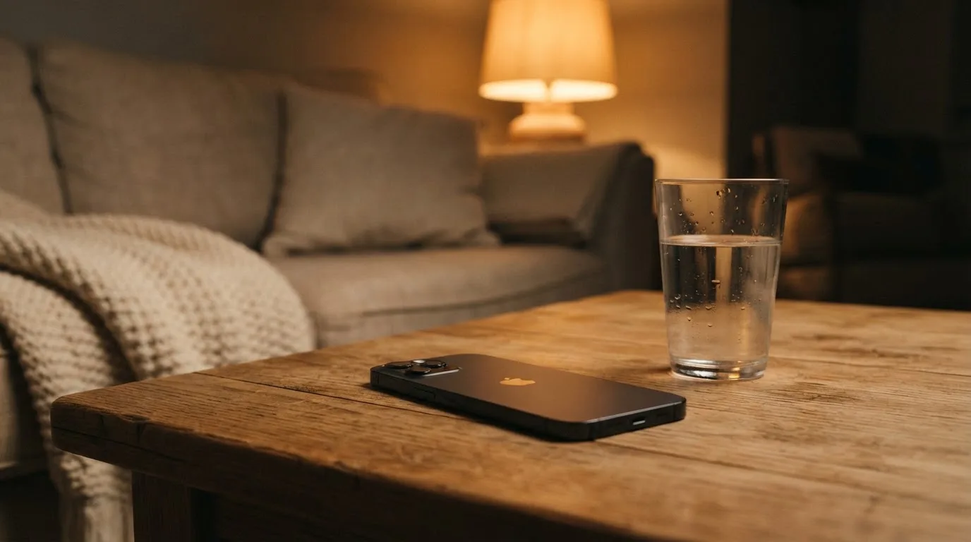 Ein Smartphone liegt mit dem Display nach unten auf einem Holztisch neben einem Glas Wasser, ruhige Abendstimmung in einem Wohnzimmer.