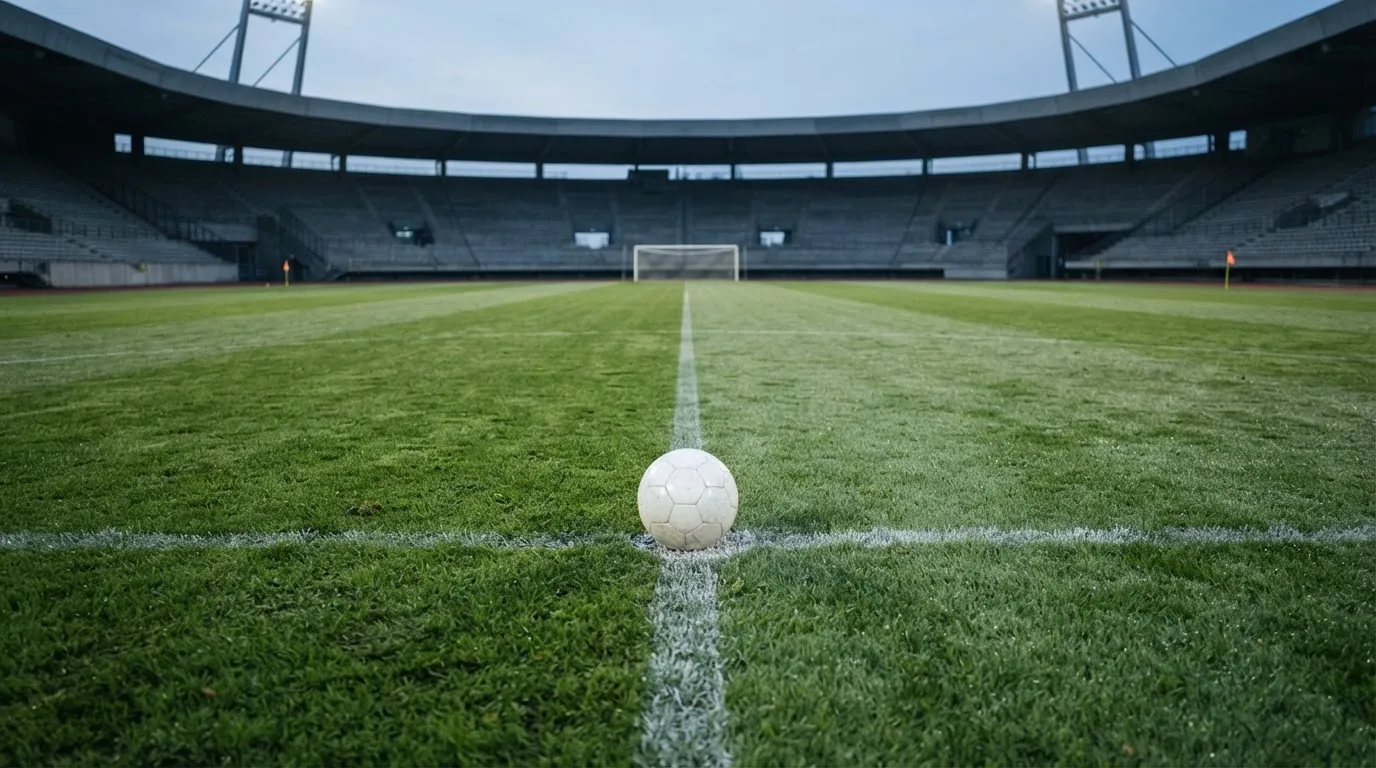 Ein Fußball auf dem Mittelpunkt eines Rasenplatzes, früher Morgen, Tau auf dem Gras, im Hintergrund leere Tribünen.