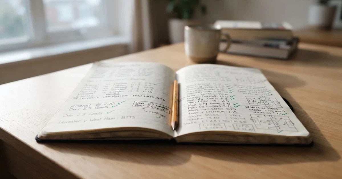 Ein Notizbuch mit handschriftlichen Stichpunkten und kleinen Skizzen liegt neben einem Bleistift auf einem hellen Tisch, Tageslicht von der Seite.